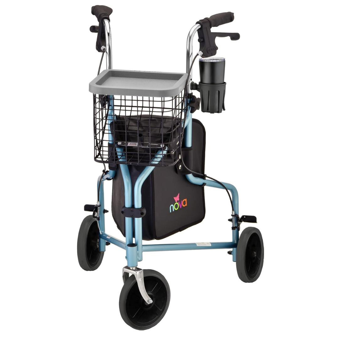 The Nova Medical 4900 Traveler 3 Wheel Rollator Walker features all-terrain 8” wheels, a blue frame, black handles, basket, tray, cup holder, storage pouch with visible Nova branding, and feather-touch hand brakes for easy stopping.